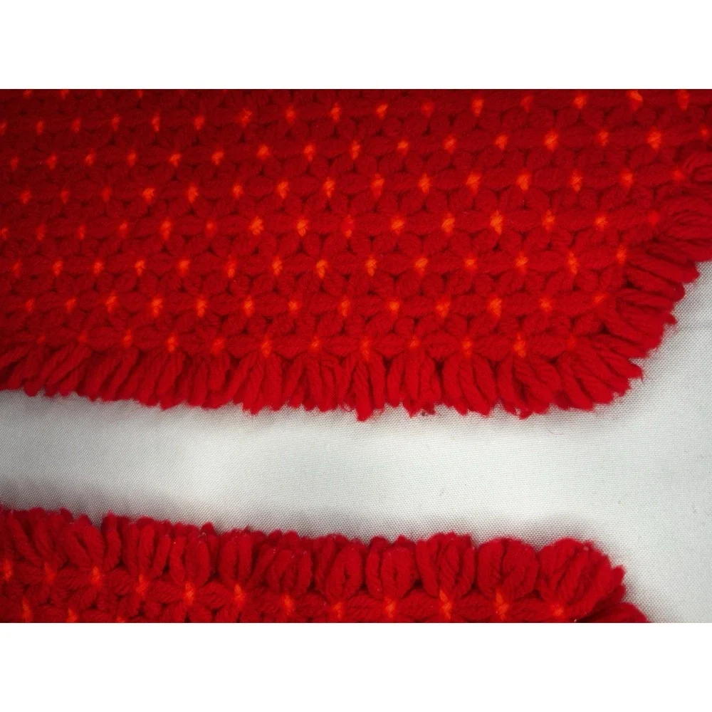 Vintage Set 2 Crochet‎ Placemat Doilies Red Orange Flowers/Stripes Handmade